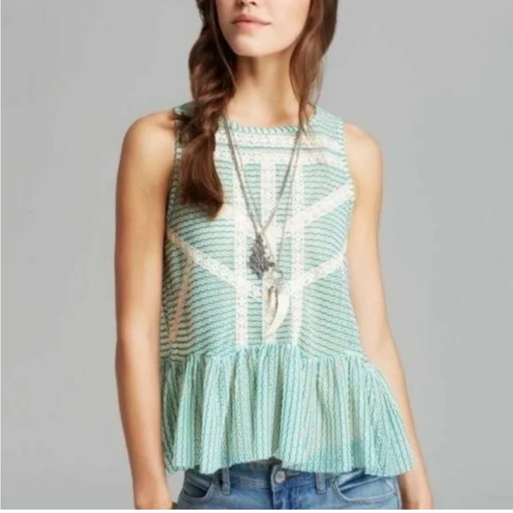 Free People Green/Ivory Lace and Stripe Crochet Peplum Tank Large